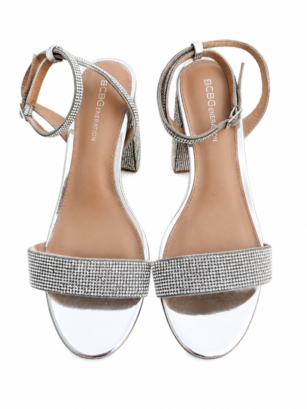 BCBGeneration Rhinestone Platform Block Heel Sandals Silver Women’s Size 8